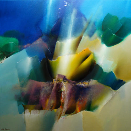 Abstract bloemenschilderij met groene, blauwe, gele en paarse kleuren